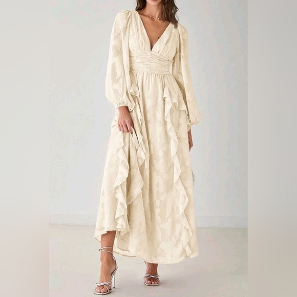 New Flowy Jacquard Ruffle Lantern Sleeve Ruched Waist Maxi Dress Ivory Cream